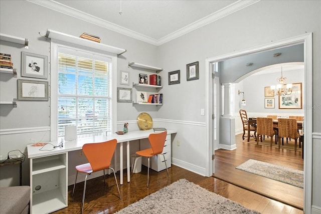 7310 S Shamrock Rd, Tampa, FL 33616 - office with a chandelier, crown molding, wood finished floors, and arched walkways