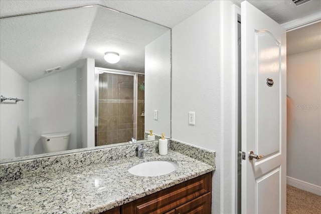 7310 S Shamrock Rd, Tampa, FL 33616 - full bathroom with vanity, a shower stall, lofted ceiling, and a textured ceiling