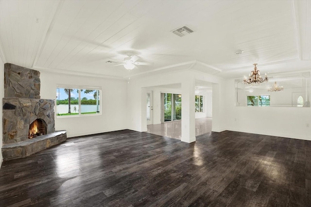 102 W N Branch Rd, Ruskin, FL 33570 - unfurnished living room featuring a chandelier, a stone fireplace, wood finished floors, a ceiling fan, and wood ceiling