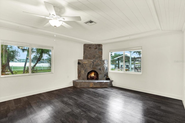 102 W N Branch Rd, Ruskin, FL 33570 - unfurnished living room with a fireplace, ornamental molding, ceiling fan, wood ceiling, and wood finished floors