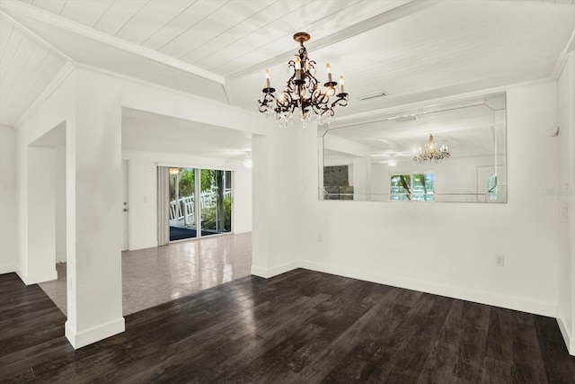 102 W N Branch Rd, Ruskin, FL 33570 - spare room with a chandelier, ornamental molding, wood finished floors, and wood ceiling