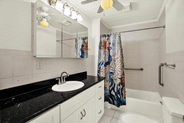102 W N Branch Rd, Ruskin, FL 33570 - full bath with a ceiling fan, ornamental molding, vanity, tile walls, and shower / tub combo with curtain