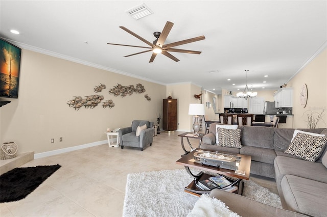 300 Capri Blvd Unit 3, Treasure Island, FL 33706 - living area featuring ornamental molding, a chandelier, a ceiling fan, recessed lighting, and light tile patterned flooring