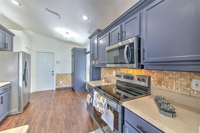 10505 Goldwater Ln, Riverview, FL 33578 - kitchen featuring stainless steel appliances, lofted ceiling, light countertops, decorative backsplash, and dark wood finished floors