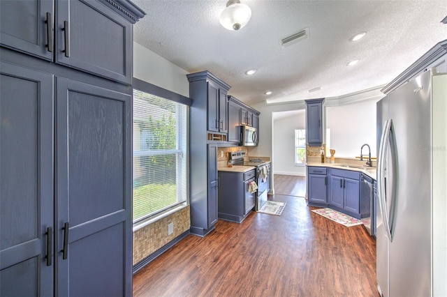 10505 Goldwater Ln, Riverview, FL 33578 - kitchen with stainless steel appliances, plenty of natural light, a textured ceiling, light countertops, and recessed lighting