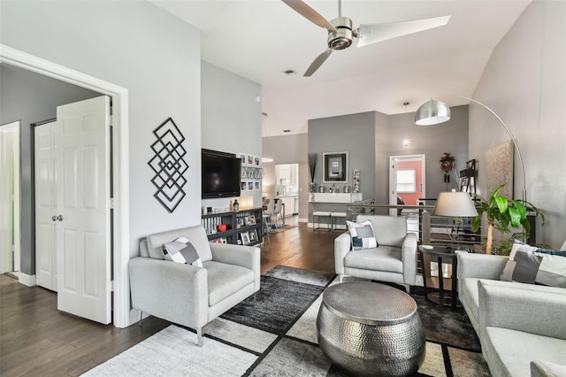 549 Walden Ct, Dunedin, FL 34698 - living area featuring high vaulted ceiling, wood finished floors, and a ceiling fan