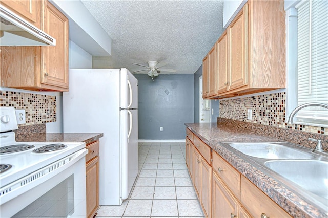 37740 Waverly Ave, Zephyrhills, FL 33542 - kitchen featuring white range with electric cooktop, under cabinet range hood, ceiling fan, light brown cabinetry, and dark countertops
