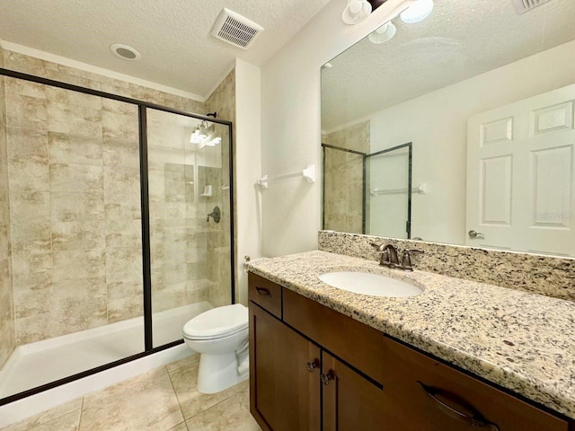 19502 Sea Myrtle Way, Tampa, FL 33647 - bathroom with vanity, a shower stall, a textured ceiling, and tile patterned floors