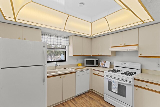 5920 80th St N Unit 308, Saint Petersburg, FL 33709 - kitchen featuring white appliances, under cabinet range hood, light wood-style floors, and light countertops