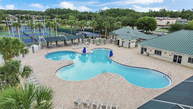 30151 Goodwick Way, Wesley Chapel, FL 33543 - community pool featuring a patio and view of wooded area