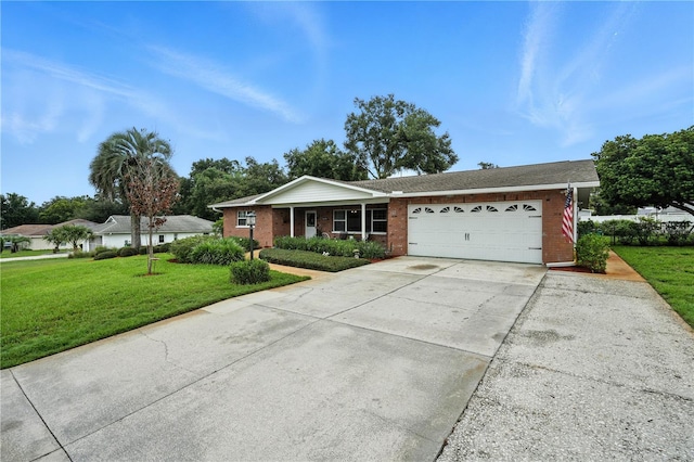 5628 Cypress St, Zephyrhills, FL 33542 - ranch-style home featuring a garage, brick siding, a front lawn, concrete driveway, and a porch