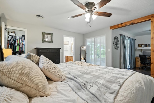 5628 Cypress St, Zephyrhills, FL 33542 - bedroom featuring wood finished floors, access to exterior, a desk, ceiling fan, and a closet
