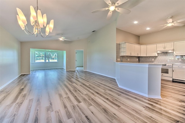 2012 Fall River Ct Unit 107, Sun City Center, FL 33573 - kitchen with open floor plan, under cabinet range hood, ceiling fan, backsplash, and white range with electric cooktop