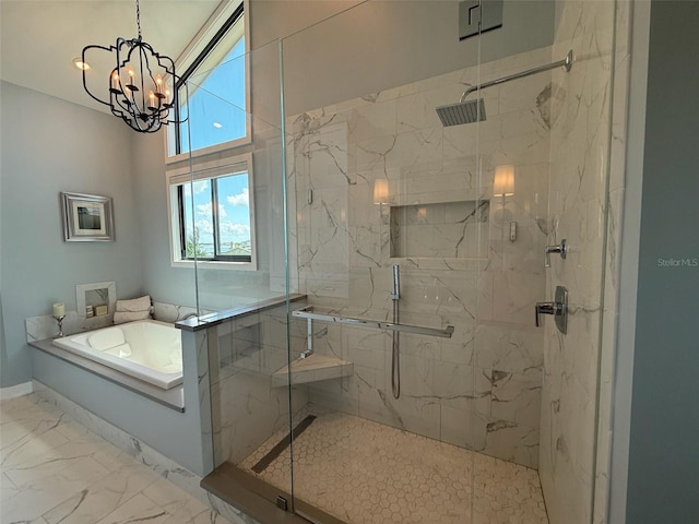 850 59th Ave, Saint Petersburg, FL 33706 - full bathroom featuring a garden tub, a marble finish shower, marble finish floors, and a chandelier