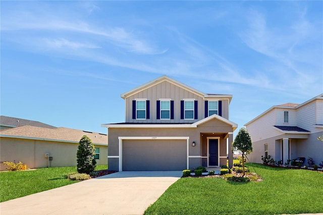 10827 High Noon Trl, Parrish, FL 34219 - traditional-style home with board and batten siding, concrete driveway, an attached garage, a front lawn, and stucco siding