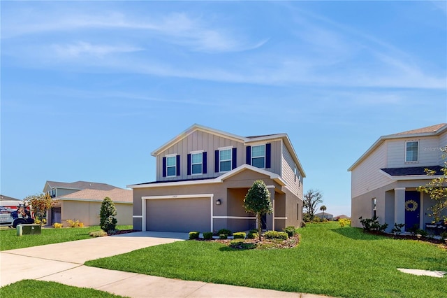 10827 High Noon Trl, Parrish, FL 34219 - traditional-style house featuring an attached garage, driveway, a front yard, board and batten siding, and stucco siding