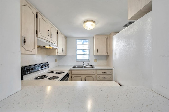 5245 Amulet Dr Unit 201, New Port Richey, FL 34652 - kitchen featuring white electric range oven, under cabinet range hood, and light countertops