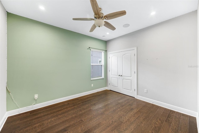 5434 Silver Sun Dr, Apollo Beach, FL 33572 - unfurnished bedroom featuring wood finished floors, recessed lighting, a ceiling fan, and a closet