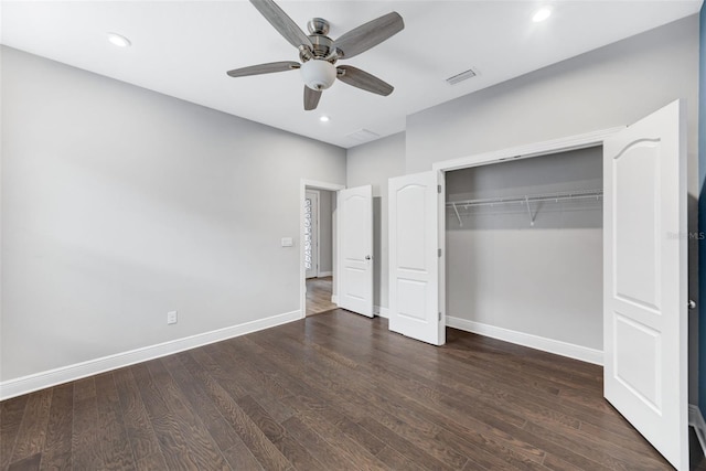 5434 Silver Sun Dr, Apollo Beach, FL 33572 - unfurnished bedroom featuring wood finished floors, a closet, a ceiling fan, and recessed lighting