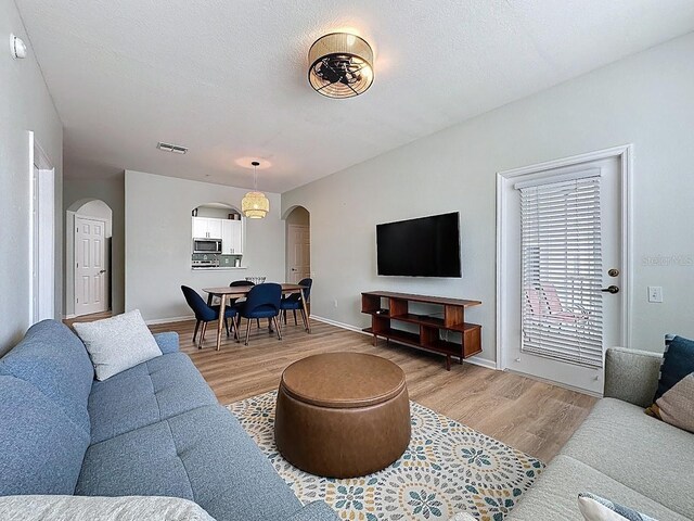 2300 Butterfly Palm Way Unit 204, Kissimmee, FL 34747 - living room featuring arched walkways, light wood-style floors, and a textured ceiling