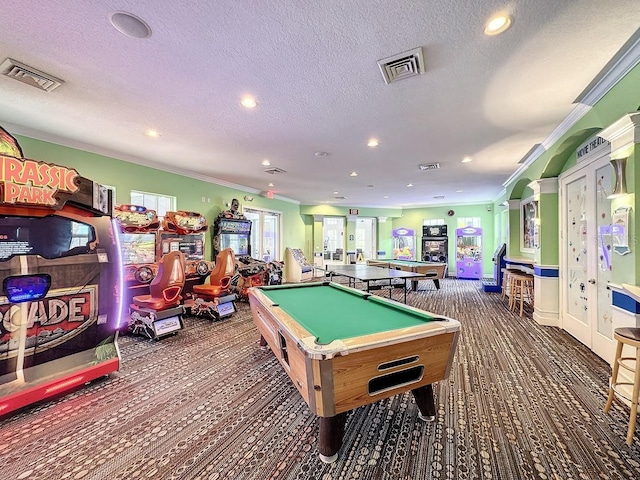 2300 Butterfly Palm Way Unit 204, Kissimmee, FL 34747 - recreation room with carpet floors, billiards table, ornamental molding, recessed lighting, and a textured ceiling
