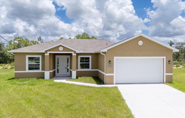 437 Mercedes Ct, Lehigh Acres, FL 33972 - ranch-style home with stucco siding, a front yard, a garage, and driveway