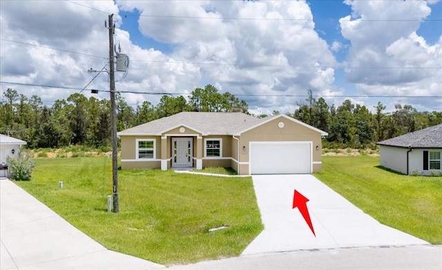 437 Mercedes Ct, Lehigh Acres, FL 33972 - ranch-style home featuring a garage, concrete driveway, a front lawn, and stucco siding