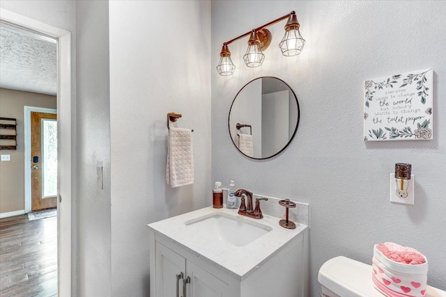 320 Pheasant Cir, Brandon, FL 33510 - half bathroom with vanity, wood finished floors, and a textured ceiling