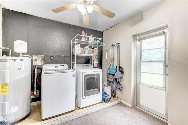 320 Pheasant Cir, Brandon, FL 33510 - laundry room featuring water heater, washing machine and dryer, and ceiling fan