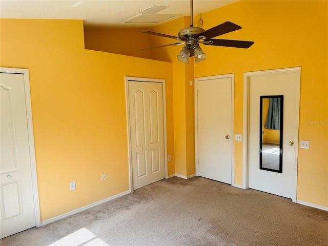 1212 Kennewick Ct, Wesley Chapel, FL 33543 - unfurnished bedroom featuring carpet flooring, high vaulted ceiling, two closets, and ceiling fan