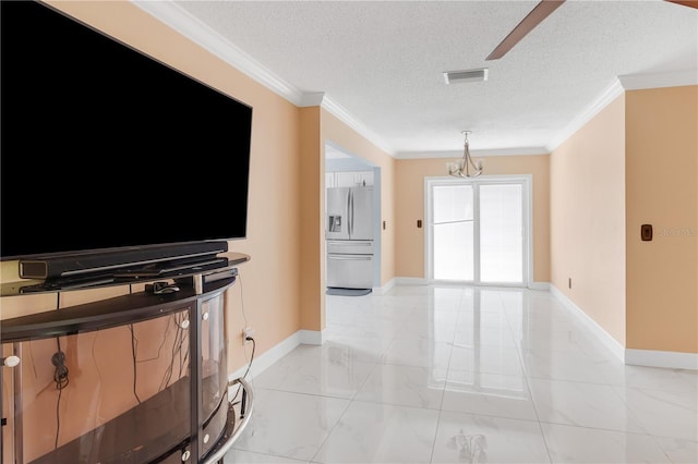 217 Bryan Rd, Brandon, FL 33511 - unfurnished living room with crown molding, light marble finish floors, a chandelier, a textured ceiling, and ceiling fan