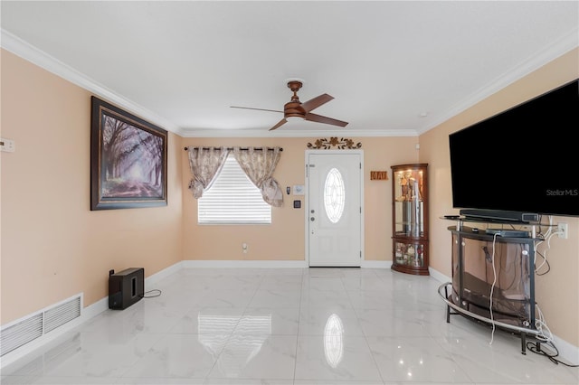 217 Bryan Rd, Brandon, FL 33511 - foyer featuring a ceiling fan, ornamental molding, and marble finish flooring