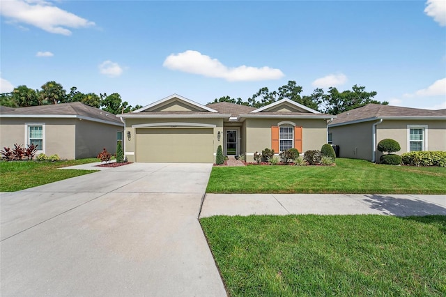 10409 Candleberry Woods Ln, Gibsonton, FL 33534 - ranch-style house featuring stucco siding, a front yard, a garage, and driveway