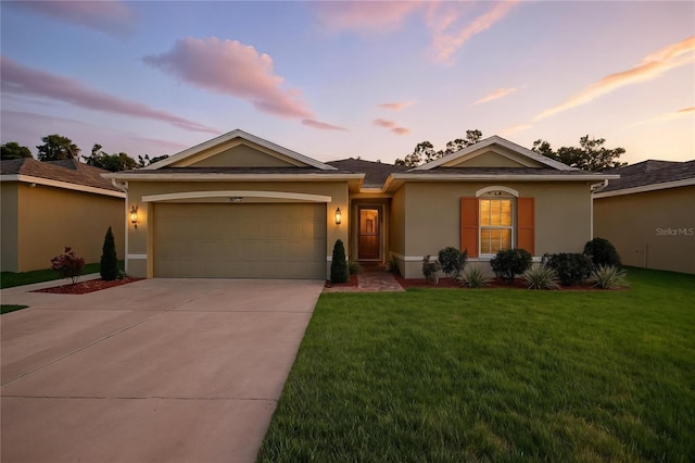 10409 Candleberry Woods Ln, Gibsonton, FL 33534 - ranch-style house featuring stucco siding, a yard, a garage, and concrete driveway