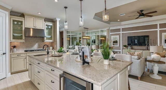 4704 Isonzo Way, Wesley Chapel, FL 33543 - kitchen featuring beverage cooler, under cabinet range hood, open floor plan, ceiling fan, and ornamental molding