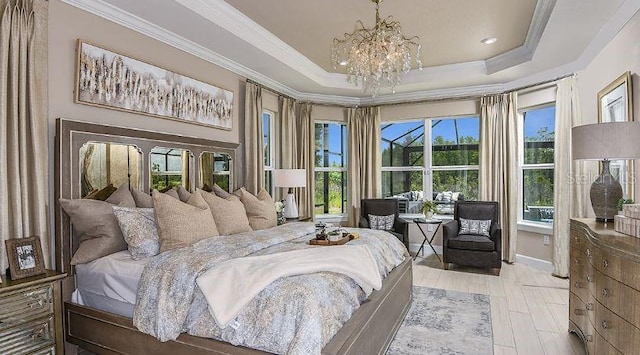 4704 Isonzo Way, Wesley Chapel, FL 33543 - bedroom with a tray ceiling, a chandelier, crown molding, light wood-style floors, and recessed lighting