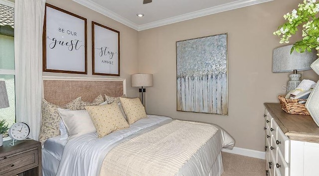 4704 Isonzo Way, Wesley Chapel, FL 33543 - carpeted bedroom featuring ornamental molding, recessed lighting, and ceiling fan