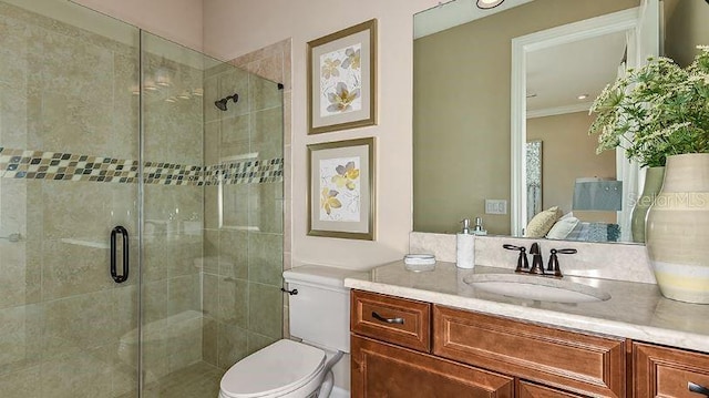 4704 Isonzo Way, Wesley Chapel, FL 33543 - bathroom with vanity, a shower stall, and crown molding