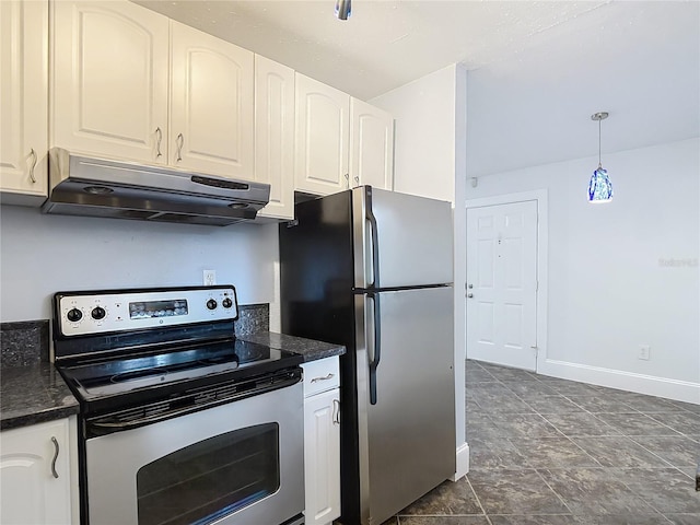 11718 Raintree Village Blvd Unit C, Temple Terrace, FL 33617 - kitchen with appliances with stainless steel finishes, under cabinet range hood, dark countertops, white cabinetry, and pendant lighting