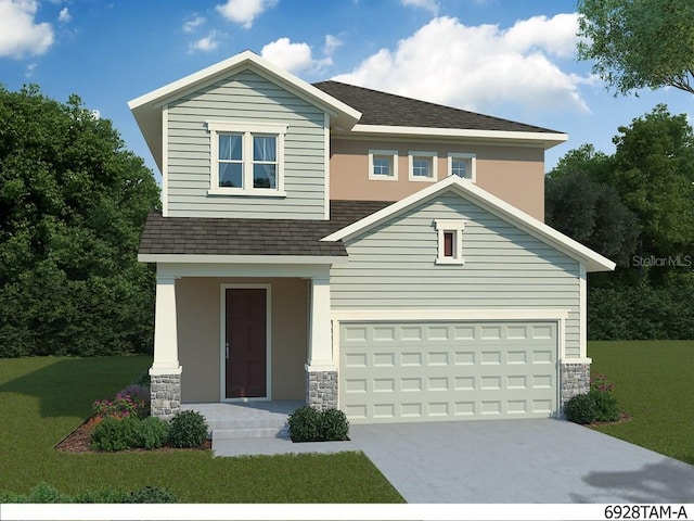 28780 Jujube Rd, Wesley Chapel, FL 33543 - view of front of home featuring roof with shingles, a front lawn, stone siding, driveway, and a garage