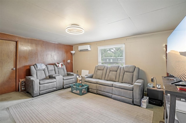 127 Locke Rd, Davenport, FL 33837 - living room with a wall mounted air conditioner, carpet floors, and wooden walls