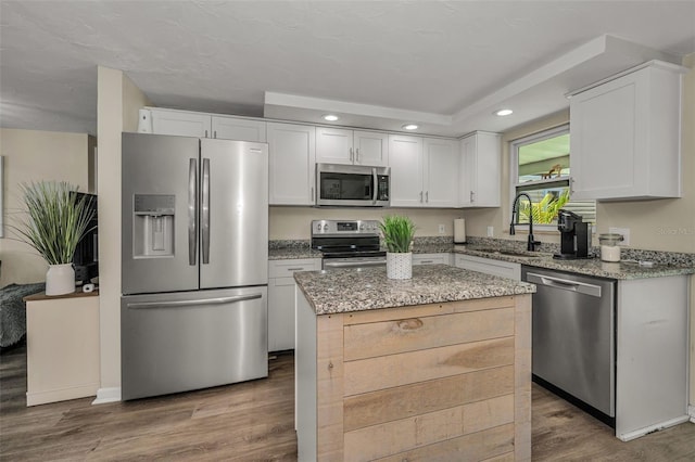 6053 11th Ave, New Port Richey, FL 34653 - kitchen with stainless steel appliances, recessed lighting, wood finished floors, white cabinets, and light stone countertops