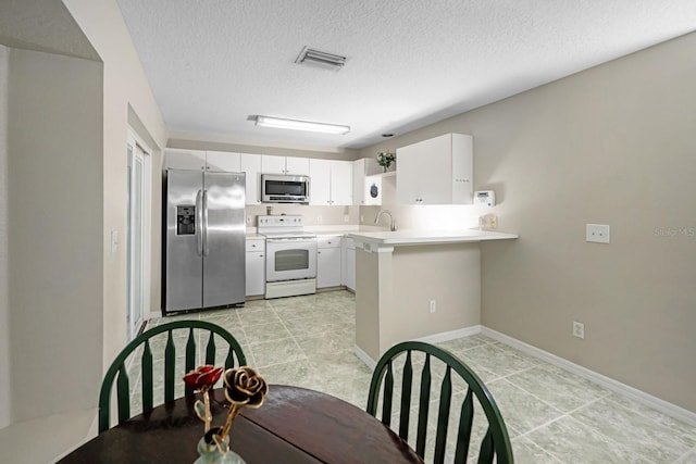 10807 Shasta Ct, Riverview, FL 33569 - kitchen with stainless steel appliances, a peninsula, light countertops, a textured ceiling, and white cabinets