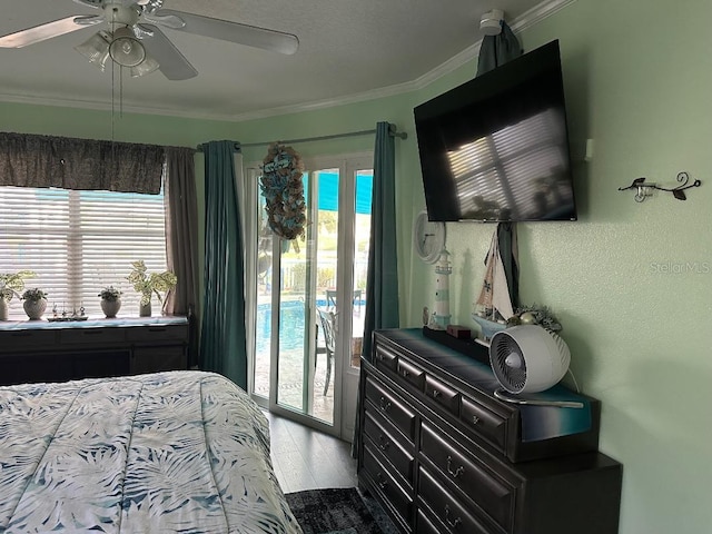 10920 Sailbrooke Dr, Riverview, FL 33579 - bedroom featuring access to outside, crown molding, a ceiling fan, and wood finished floors