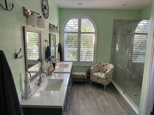 10920 Sailbrooke Dr, Riverview, FL 33579 - full bathroom featuring double vanity, wood finished floors, and a shower stall