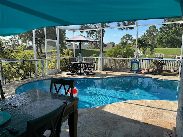 10920 Sailbrooke Dr, Riverview, FL 33579 - outdoor pool with outdoor dining area, a patio area, and glass enclosure