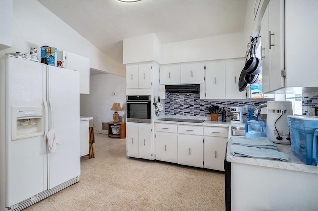 11830 86th Ave, Seminole, FL 33772 - kitchen featuring white fridge with ice dispenser, stainless steel oven, black electric cooktop, light countertops, and backsplash