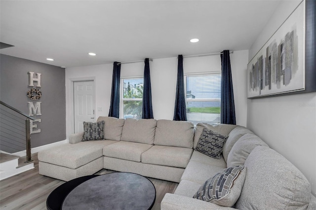 2630 St Josephs Dr W, Dunedin, FL 34698 - living area with recessed lighting, wood finished floors, and stairs
