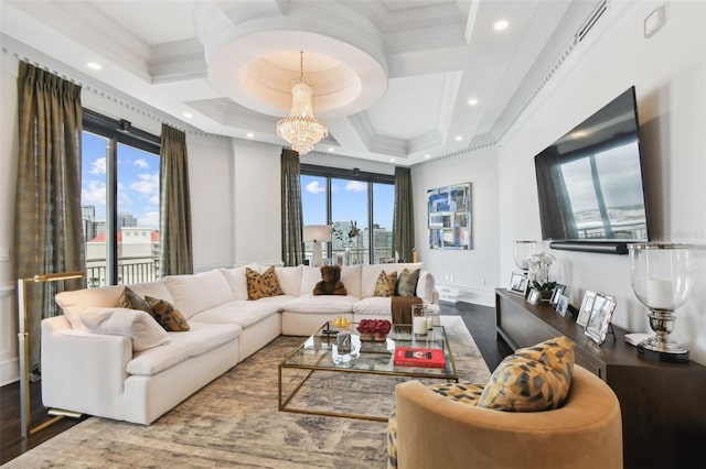 450 Knights Run Ave Unit 2004, Tampa, FL 33602 - living room with plenty of natural light, wood finished floors, recessed lighting, ornamental molding, and coffered ceiling