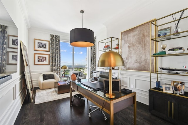 450 Knights Run Ave Unit 2004, Tampa, FL 33602 - office area featuring crown molding, a decorative wall, dark wood-style floors, and a wainscoted wall